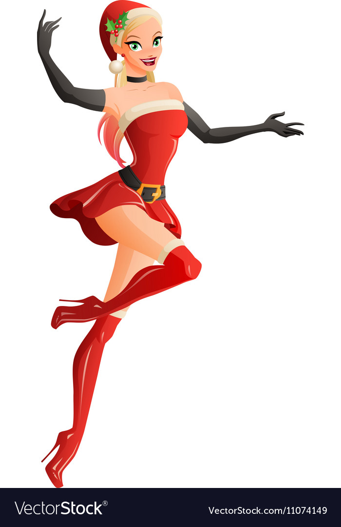 Woman in red christmas santa costume presenting