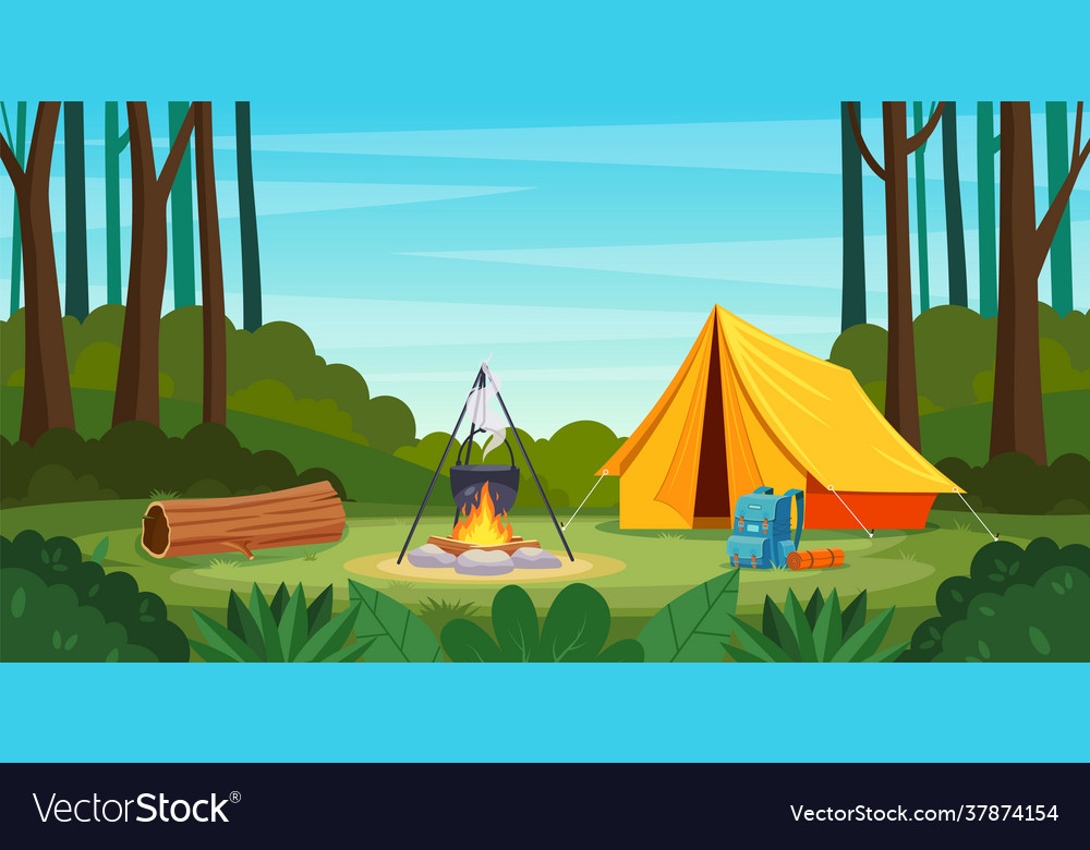 Summer camp in forest with bonfire tent backpack Vector Image