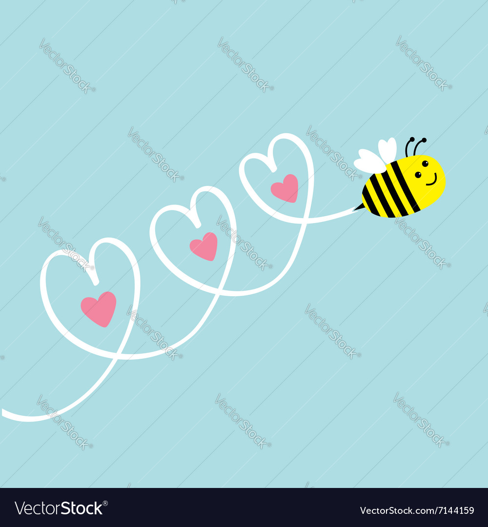 Cute flying bee three hearts in the sky greeting