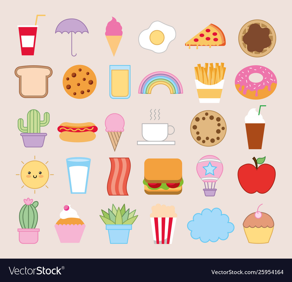 Bundle emojis bakery and fast food kawaii Vector Image