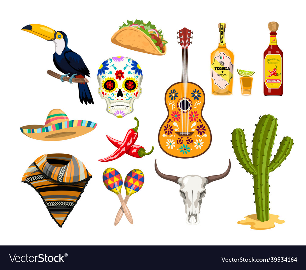 Mexican symbol icons cartoon isolated Royalty Free Vector