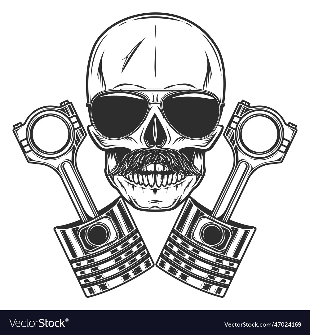 Biker skull with mustache in sunglasses and piston