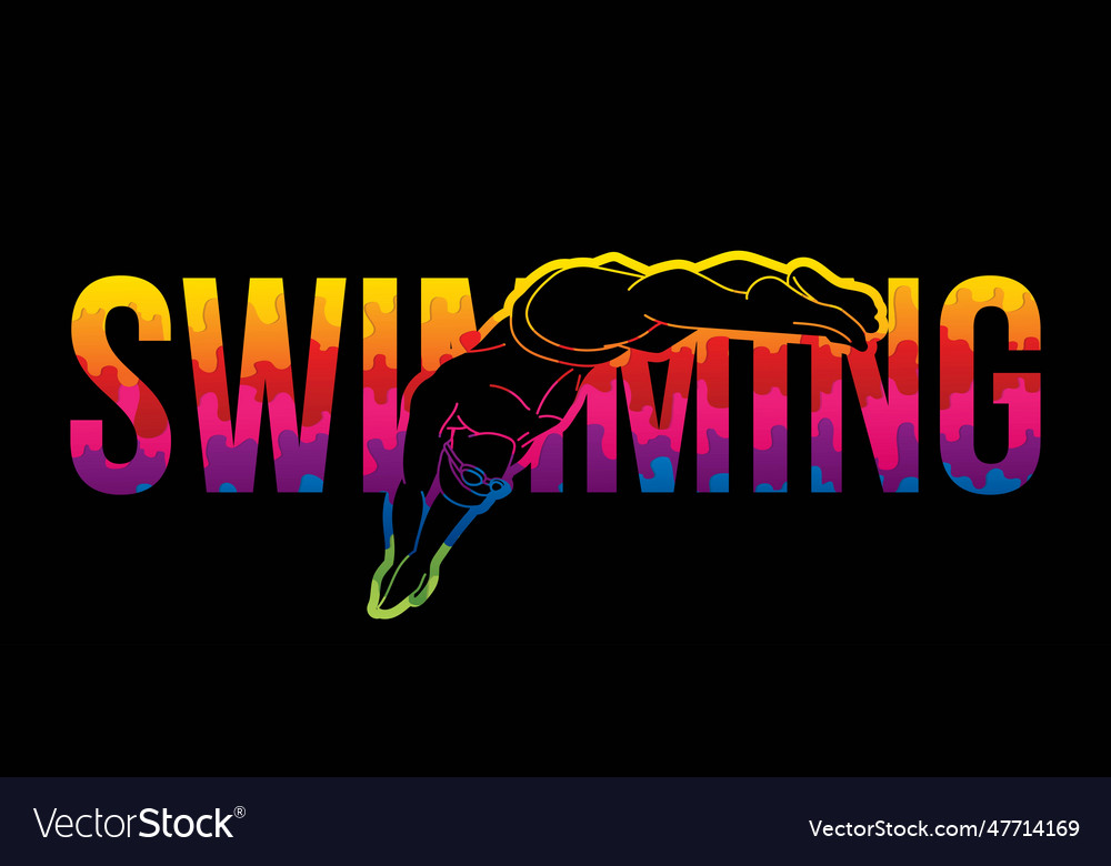 Swimming text with swimmer cartoon sport graphic