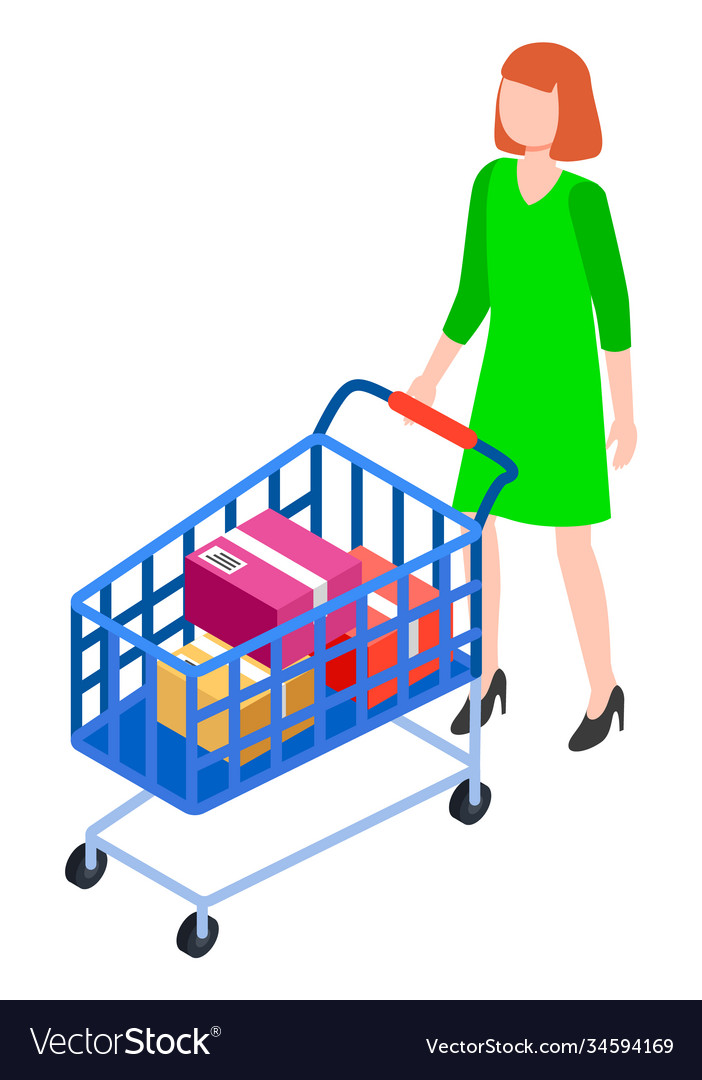 Woman is rolling a shopping cart concept