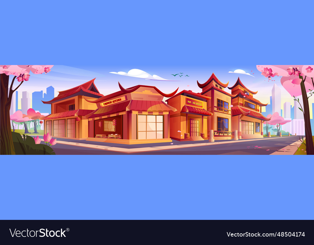 Chinese Restaurant Building On Town Street Cartoon