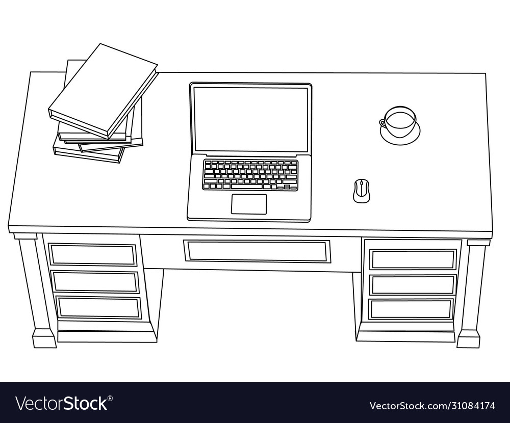 Minimal line art workplace with laptop