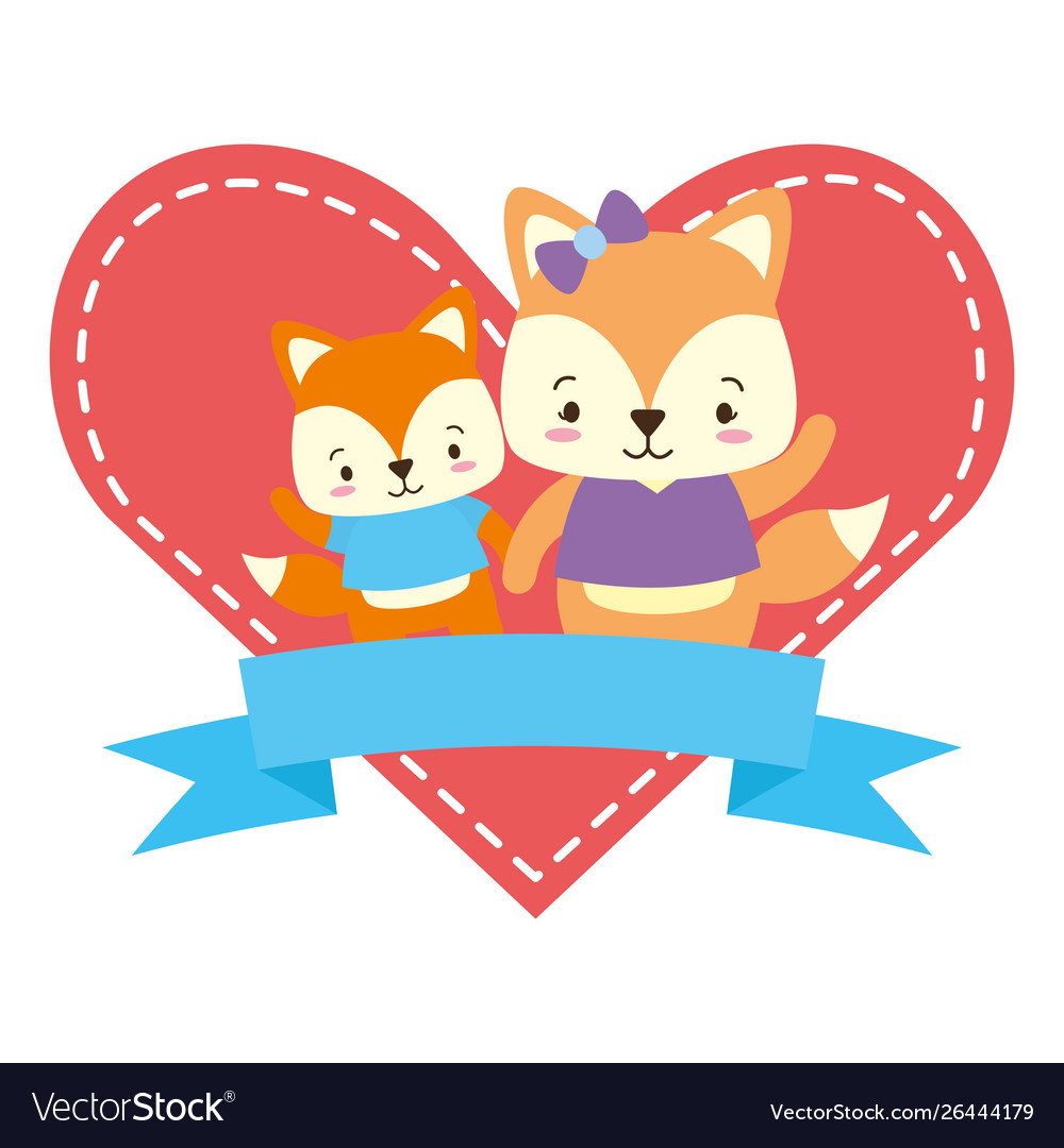 Cute couple fox animals heart love ribbon Vector Image