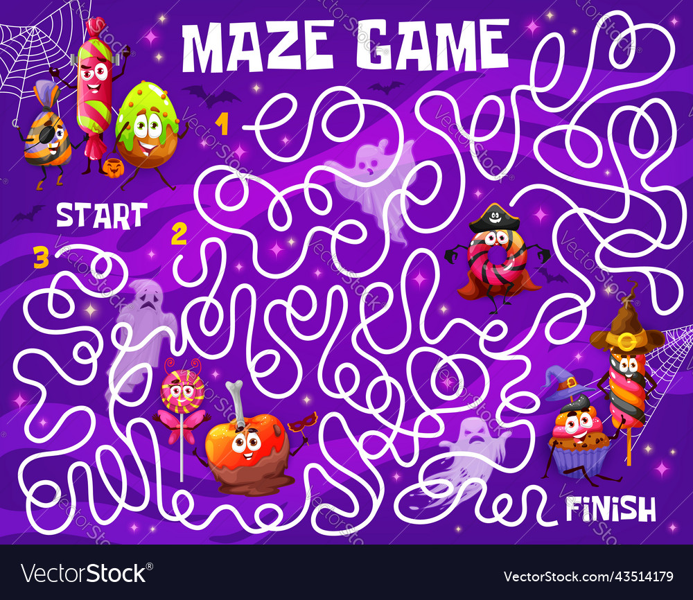 Labyrinth maze game of halloween candy characters Vector Image