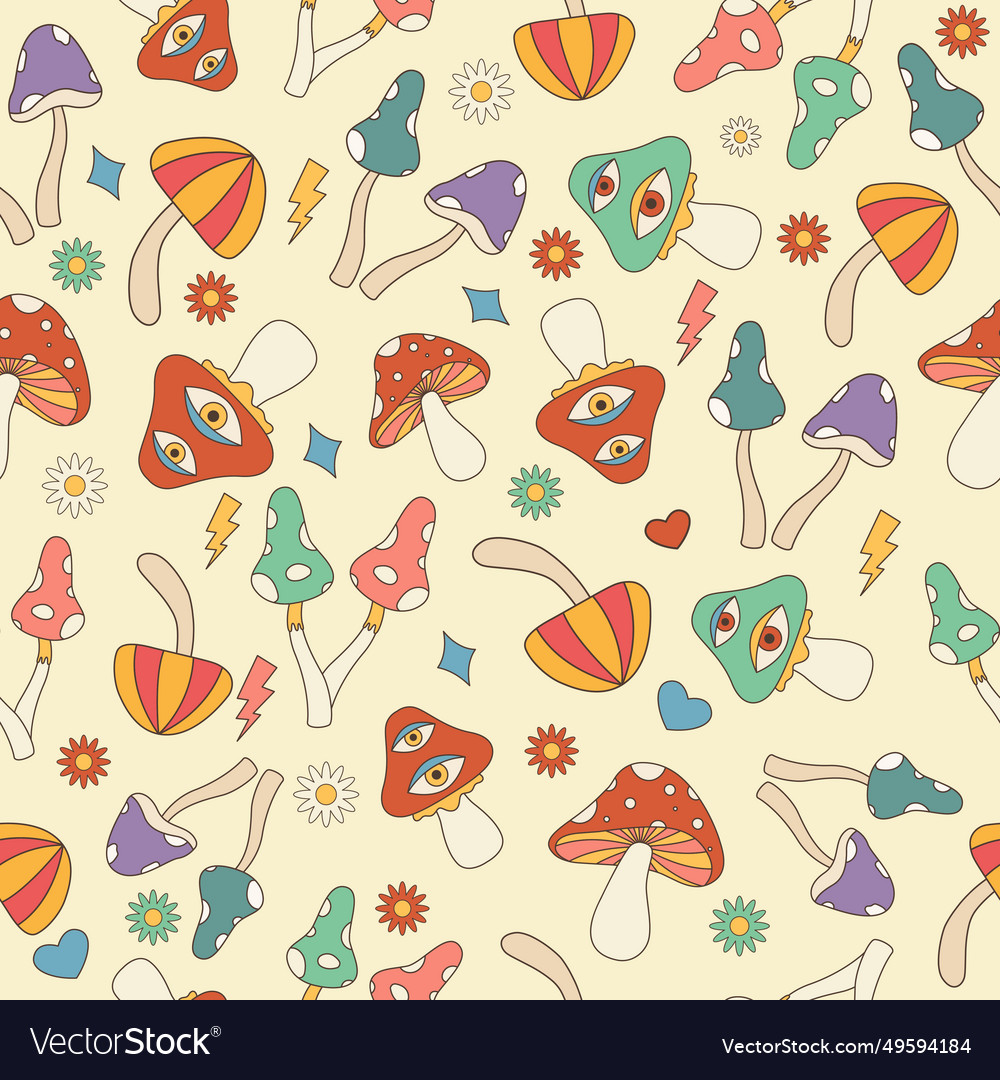 Groovy seamless pattern with psychedelic mushrooms