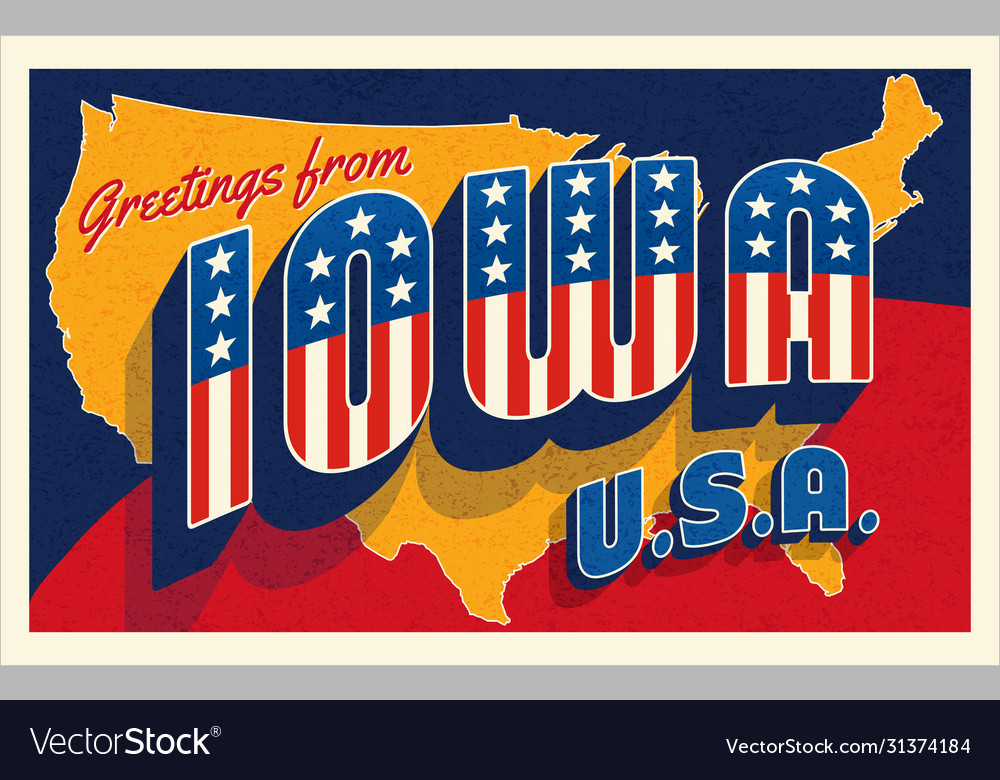 July 4th iowa usa retro travel postcard Royalty Free Vector