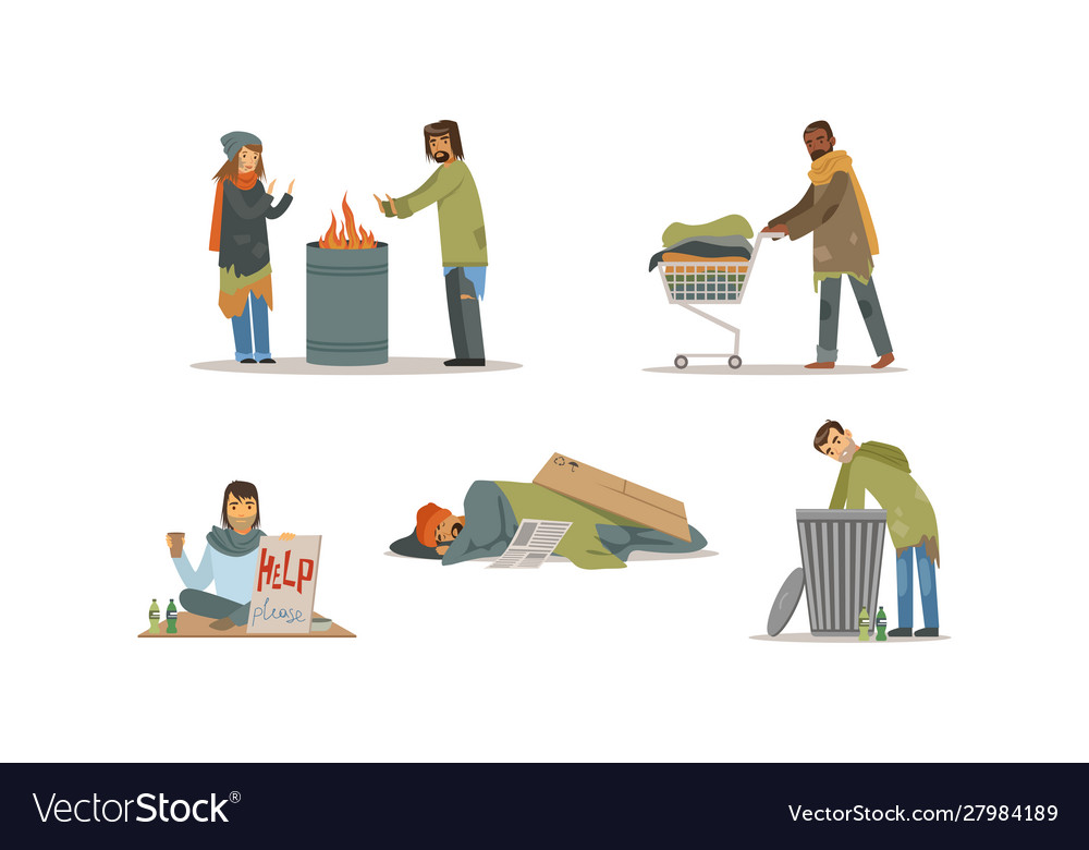 Homeless people characters set poverty Royalty Free Vector