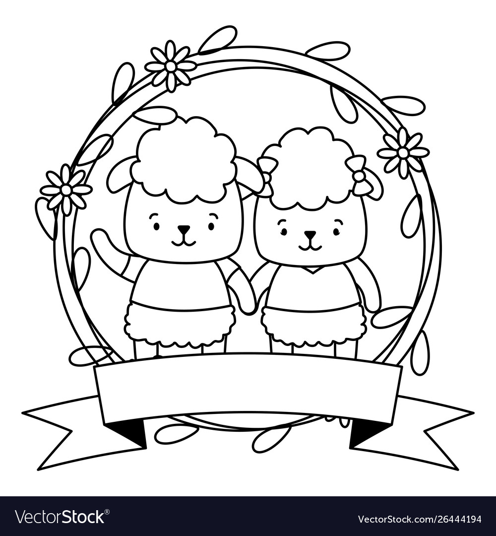 Cute couple sheep animals wreath flowers