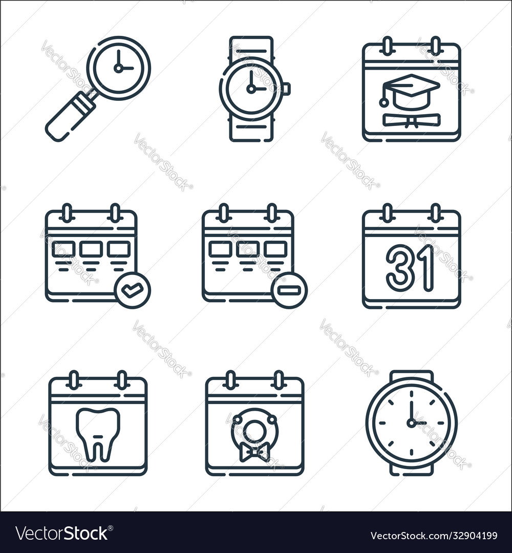 Calendar and date line icons linear set quality Vector Image