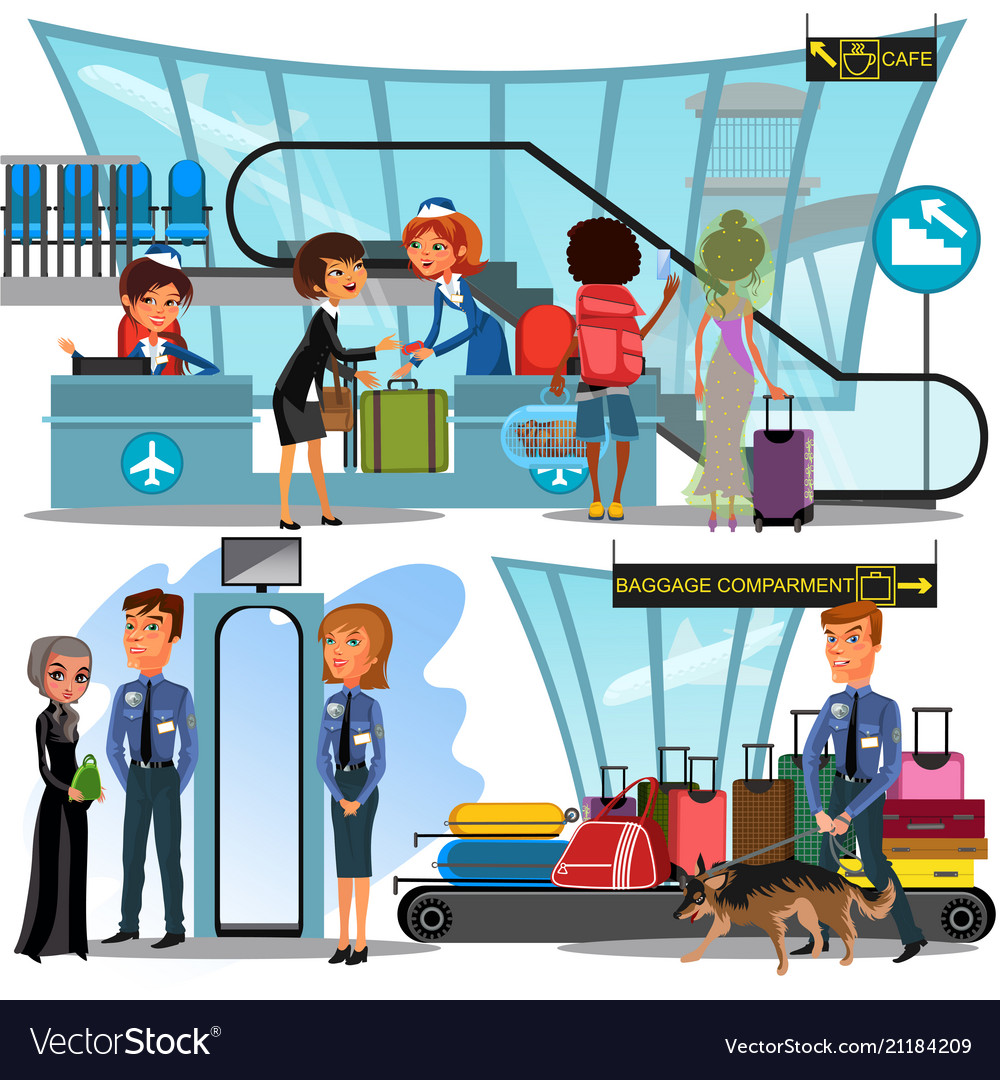 Check in airport with lady on counter and man and Vector Image