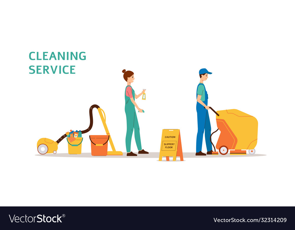 Cleaning service banner with cleaners staff flat