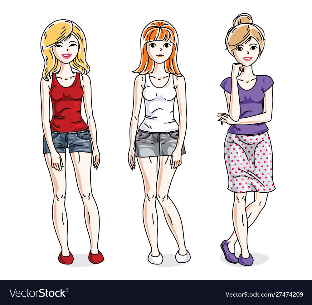 Young beautiful women group standing in stylish