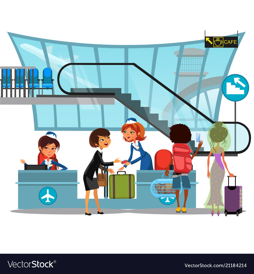 Check in airport with lady on counter and man and Vector Image