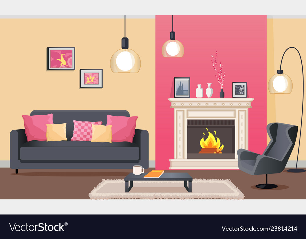 Room in pink with fireplace and furniture