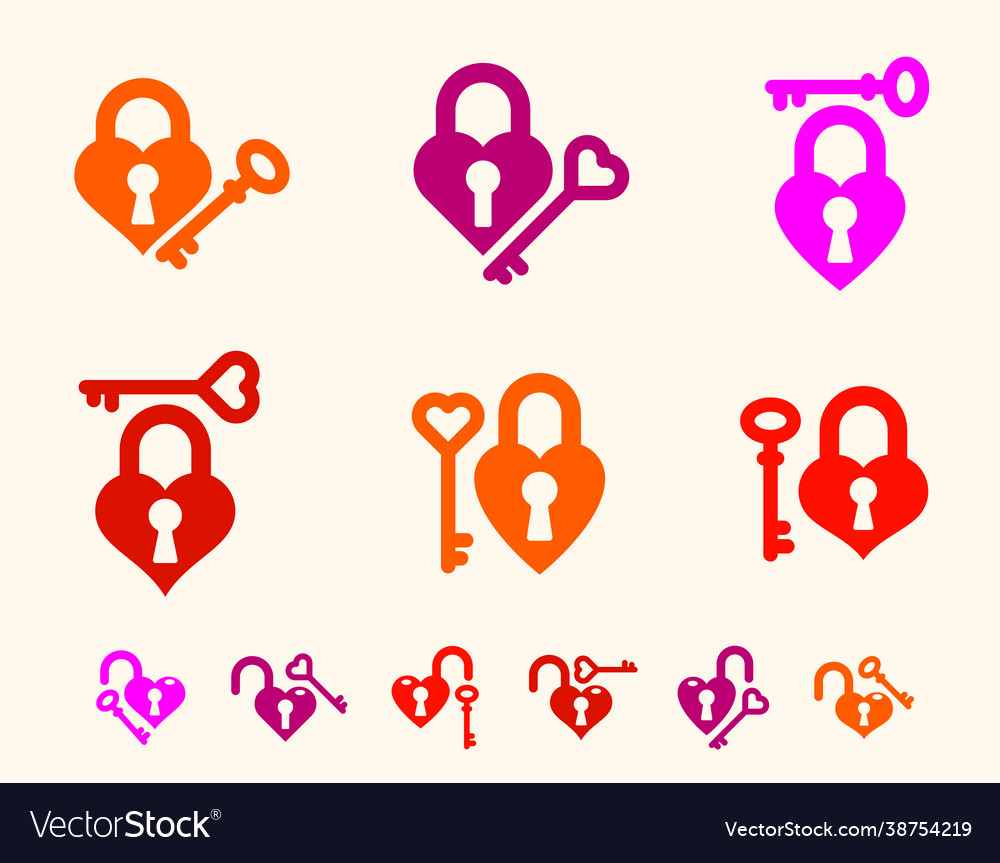 Heart shaped padlocks logos or icons set locks