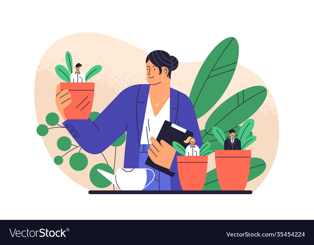 Boss cultivate potted plant with business people