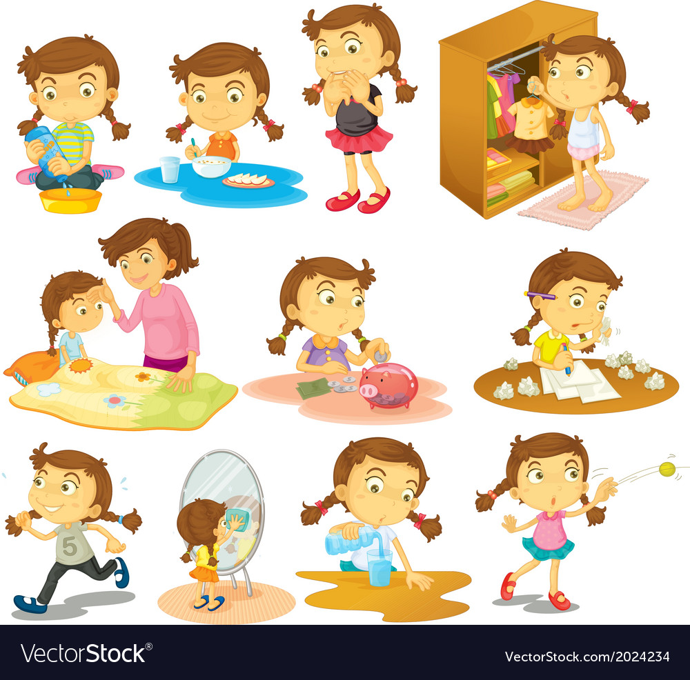 Different activities a young girl Royalty Free Vector Image