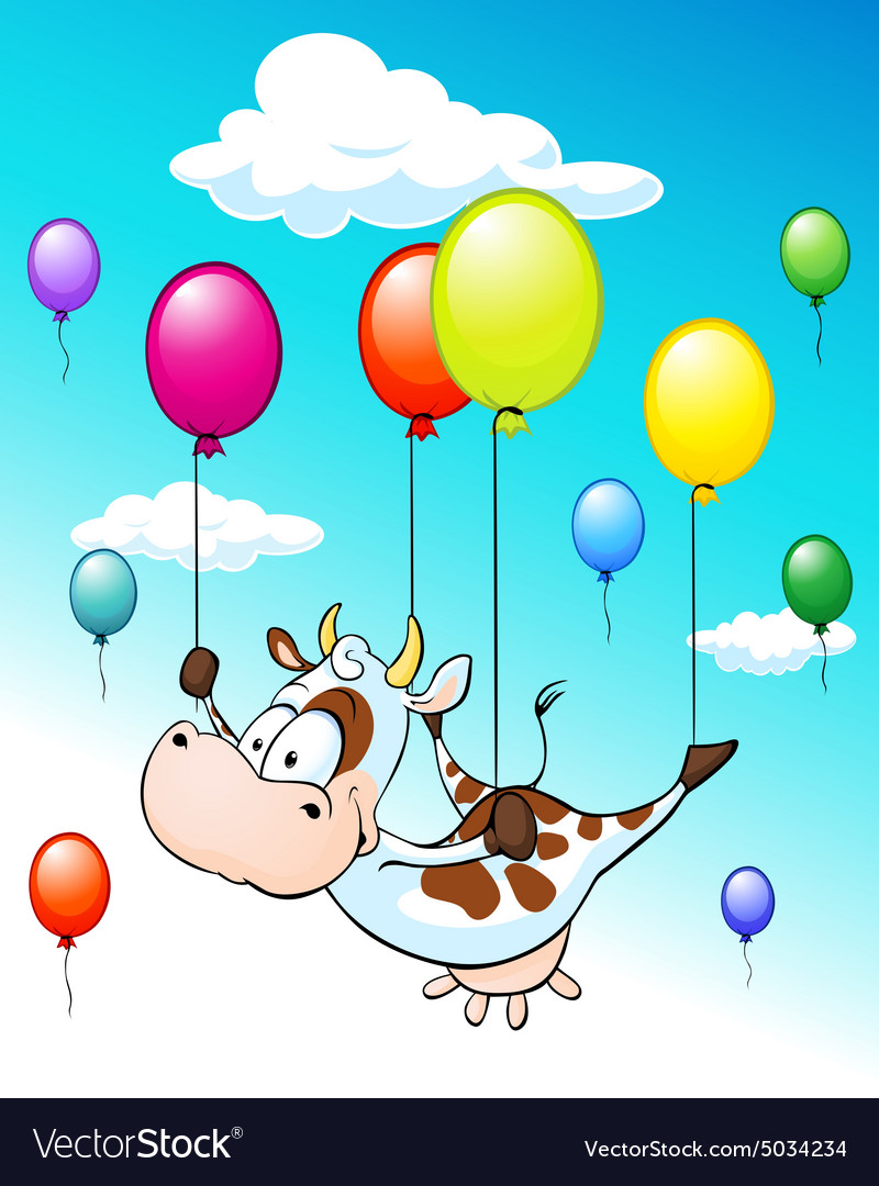 Funny design with flying cow balloons on blue