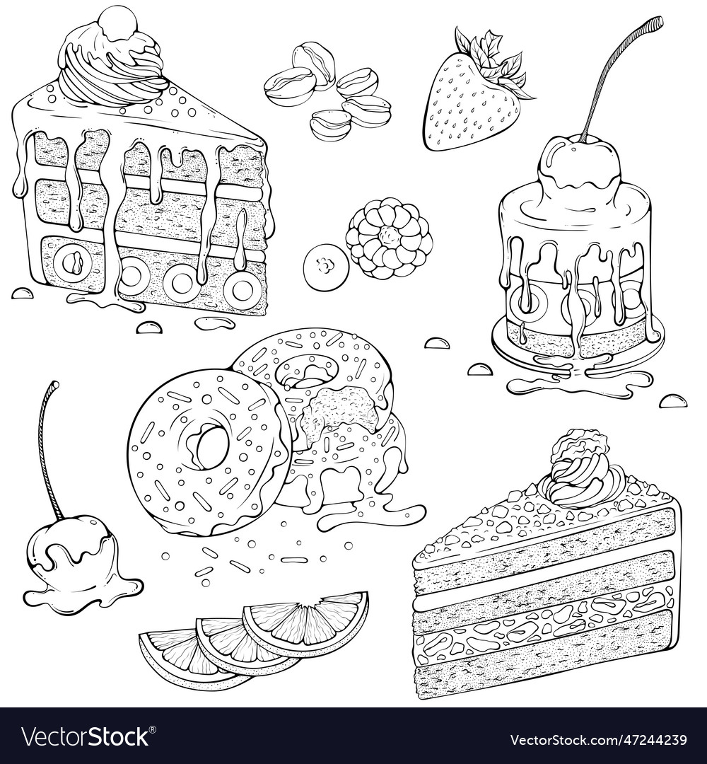 Set of various desserts line art