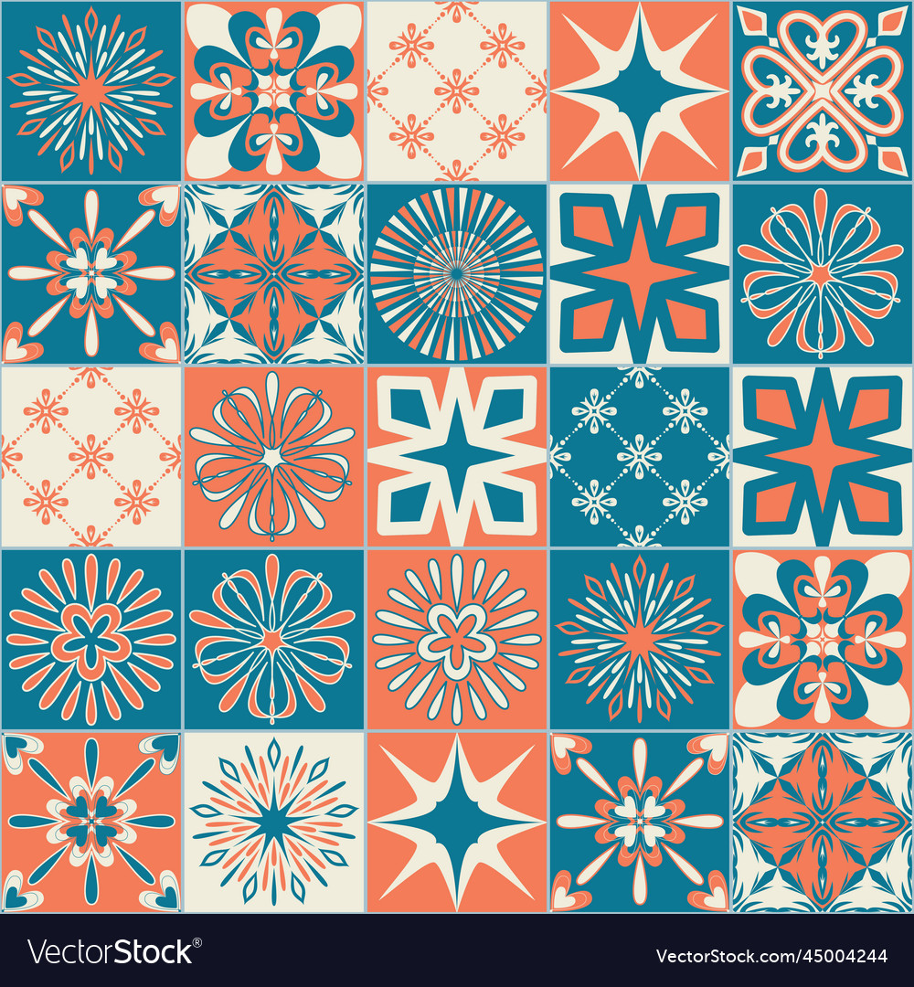 Ceramic tile with square patterns orange blue