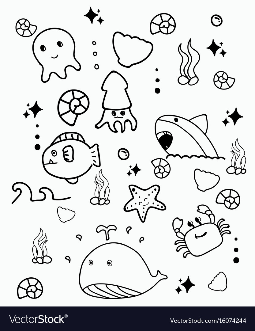 Doodle cute marine lifedoodle drawing style hand Vector Image