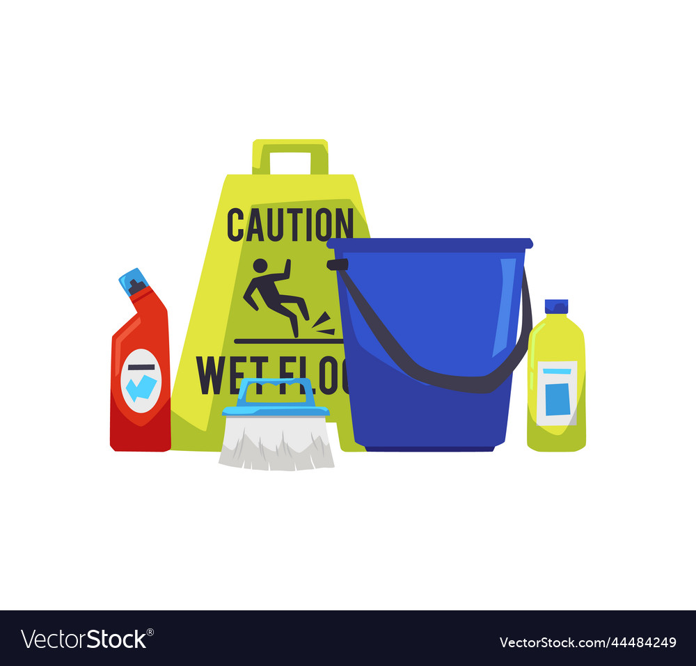 Caution wet floor sign bucket and cleaning Vector Image