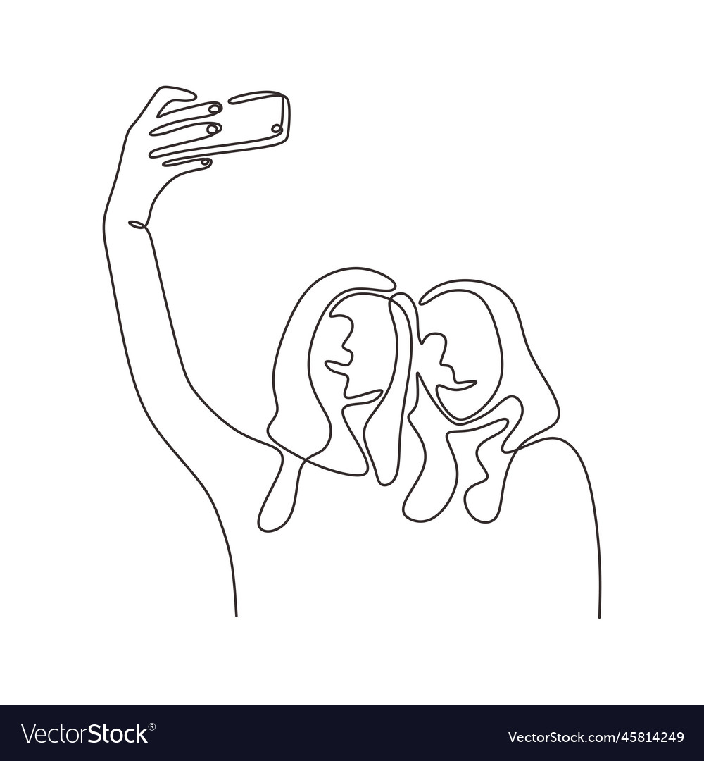 Continuous One Line Drawing Of Two Girls Taking Vector Image