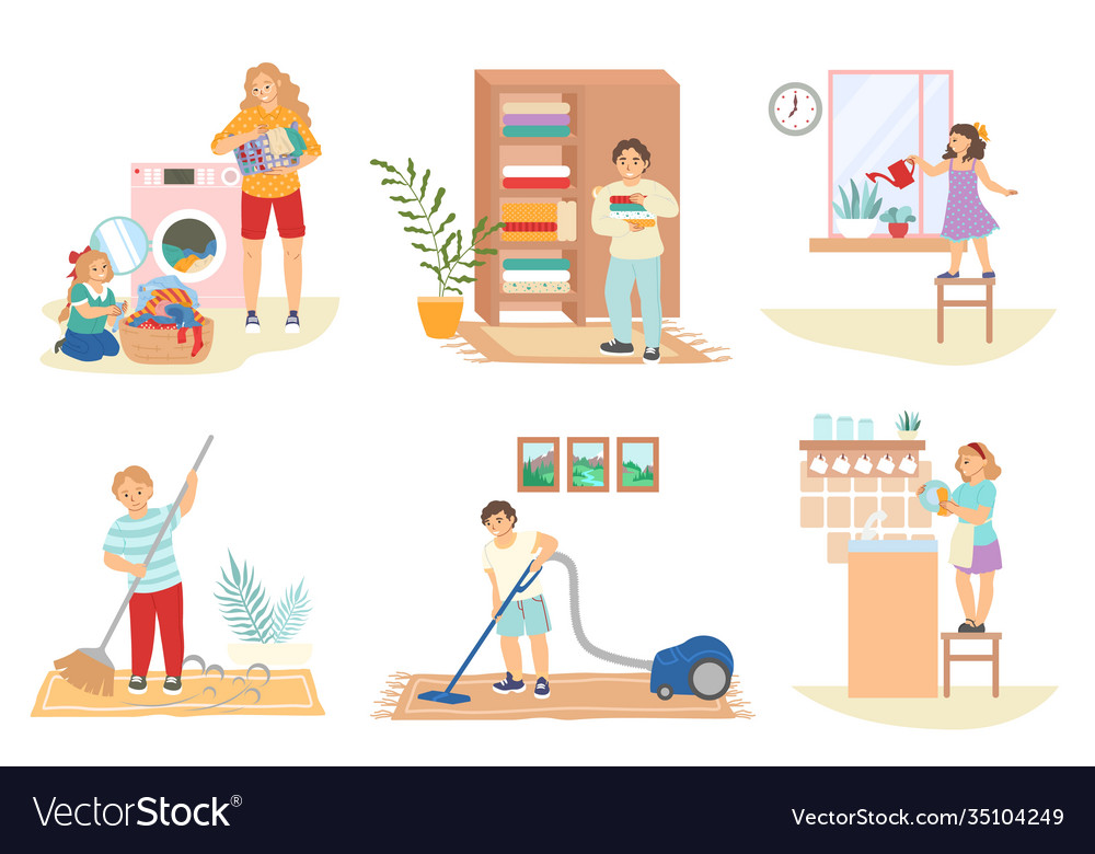 Cute kids doing housework cleaning house Vector Image