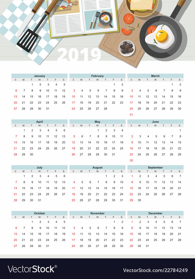 Food calendar 2019 top view Royalty Free Vector Image