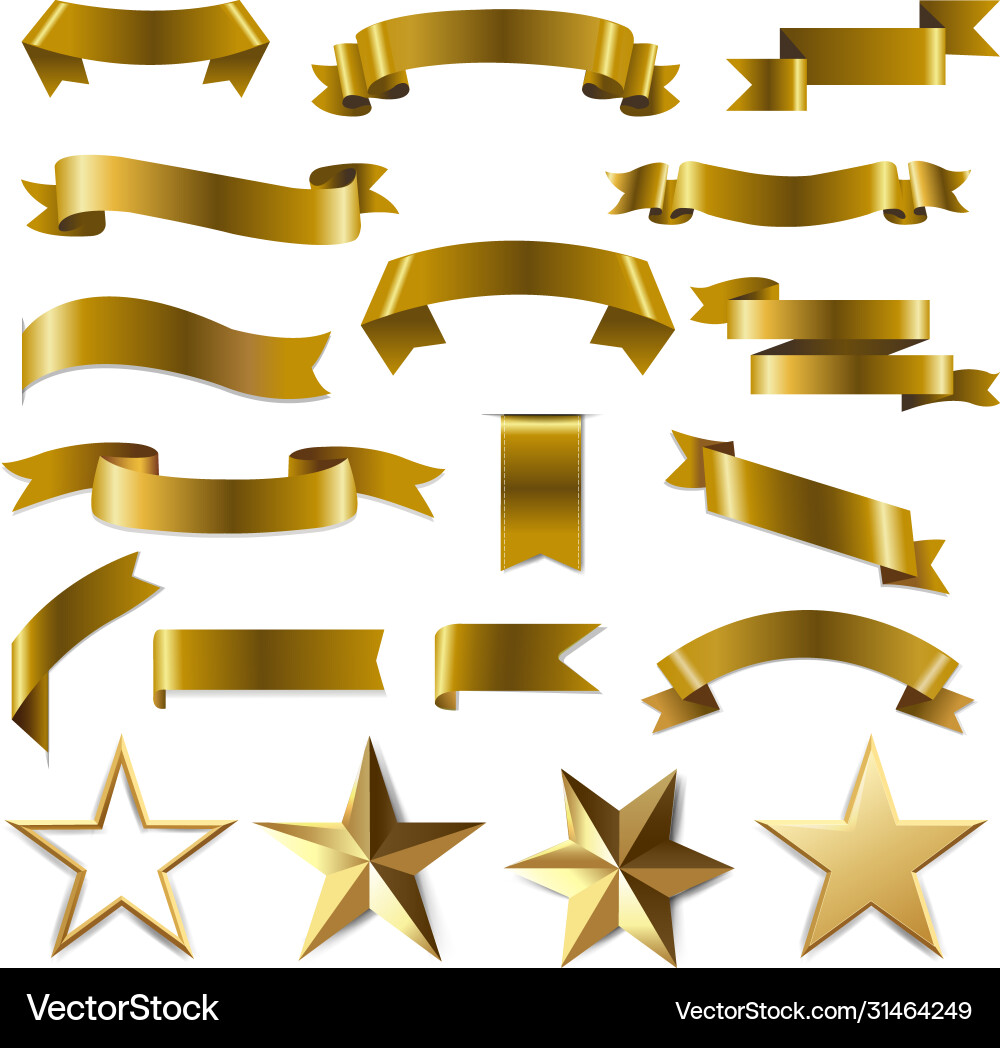Golden ribbons and stars set white background Vector Image