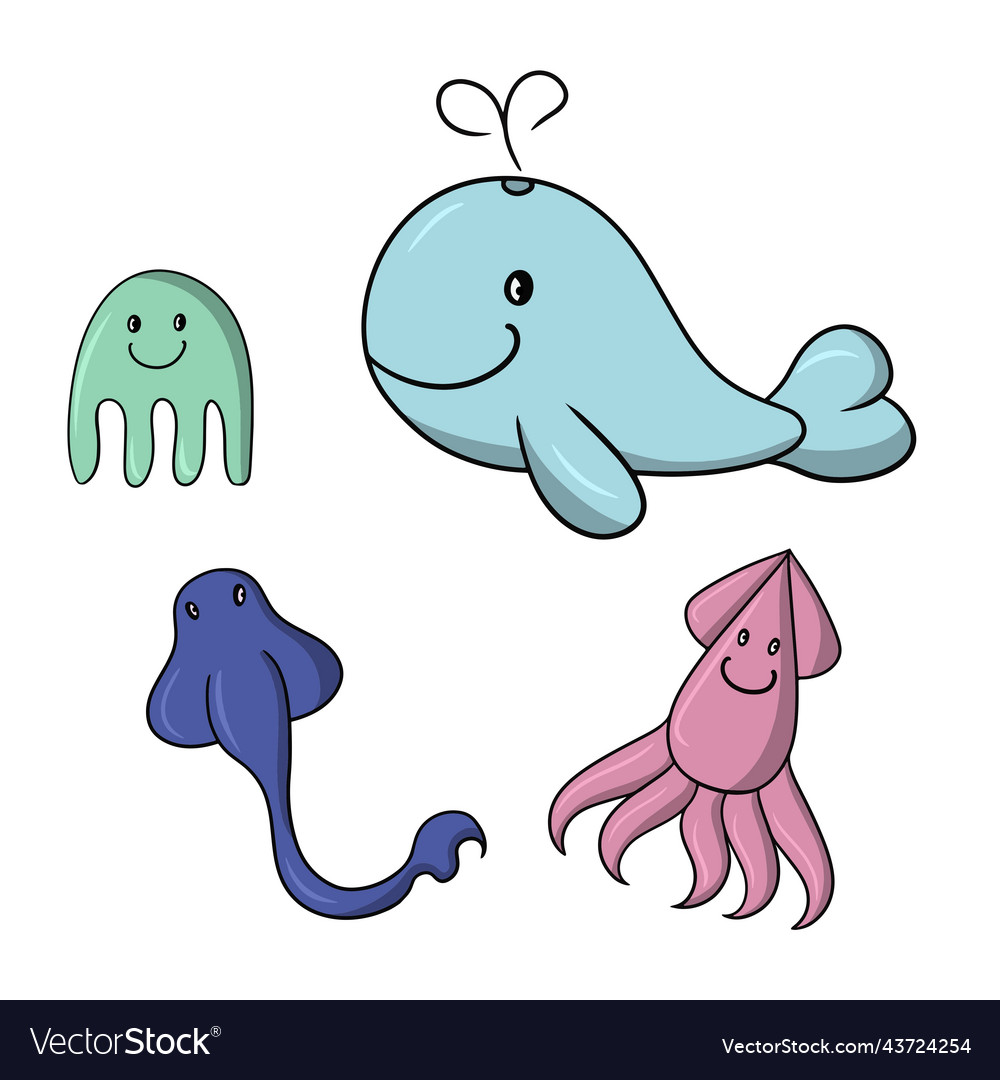 A set of colored icons cute sea characters