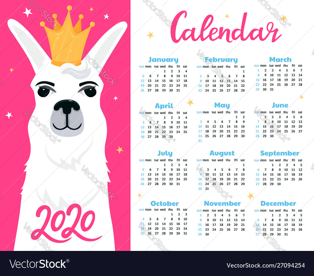 Calendar For 2020 From Sunday To Saturday Cute Vector Image