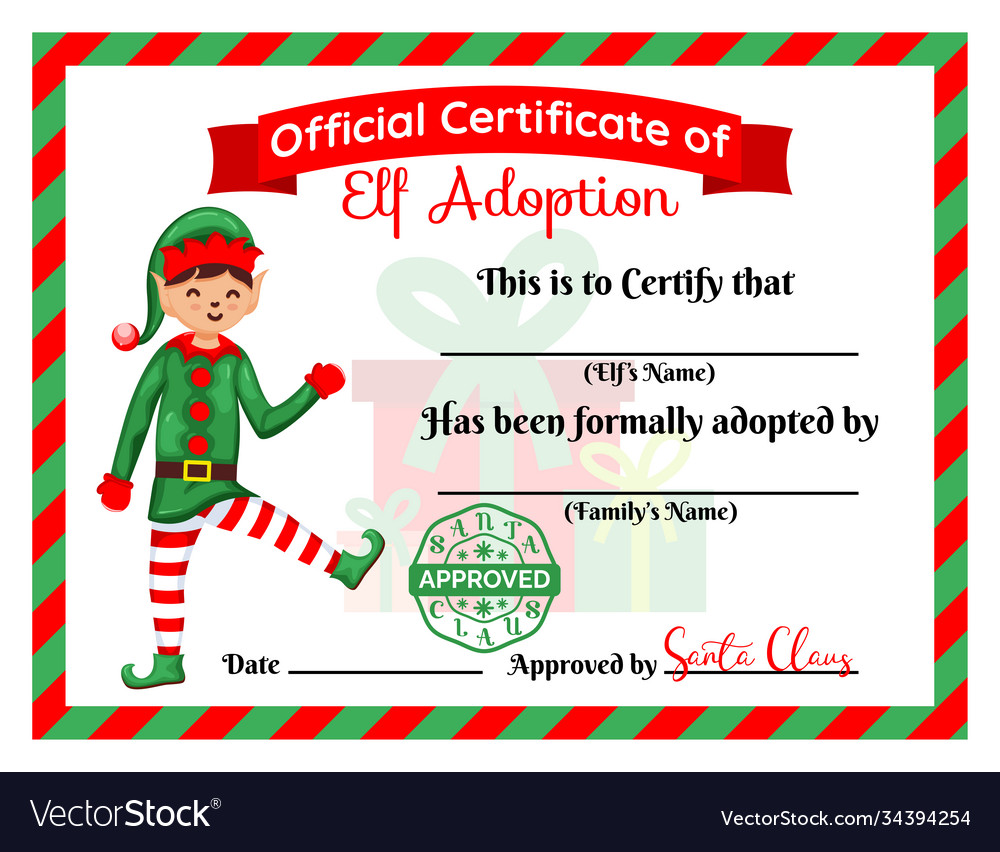 Santa s elf adoption certificate card diploma Vector Image