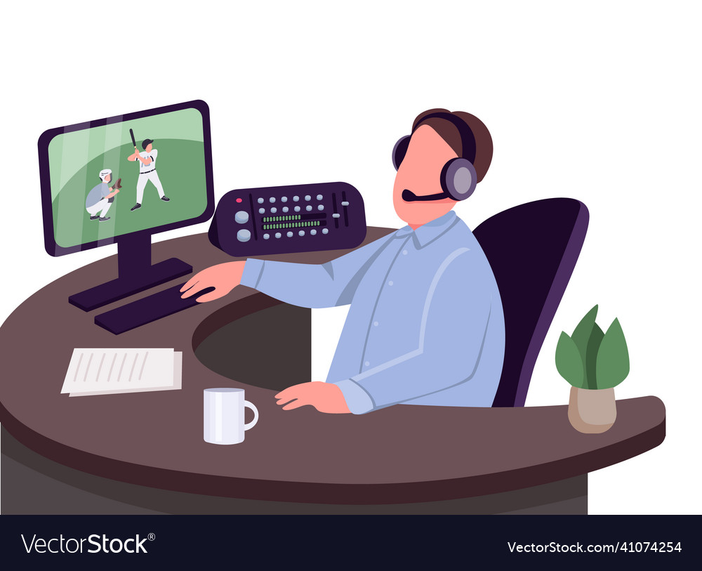 Sports commentator flat color faceless character Vector Image