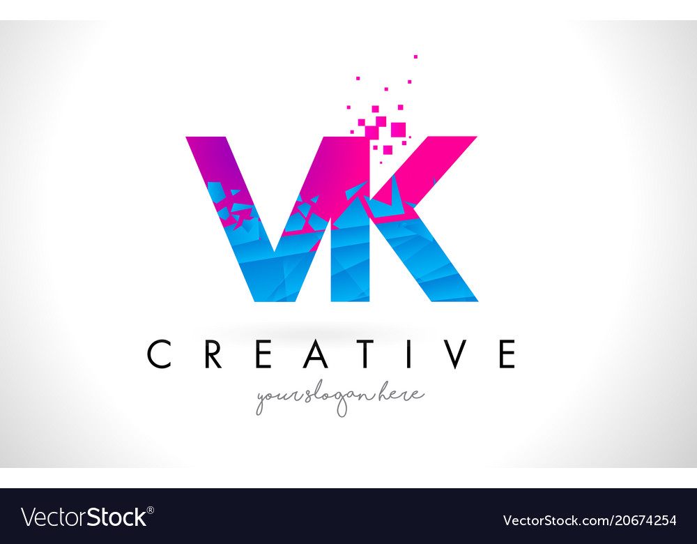 Vk v k letter logo with shattered broken blue