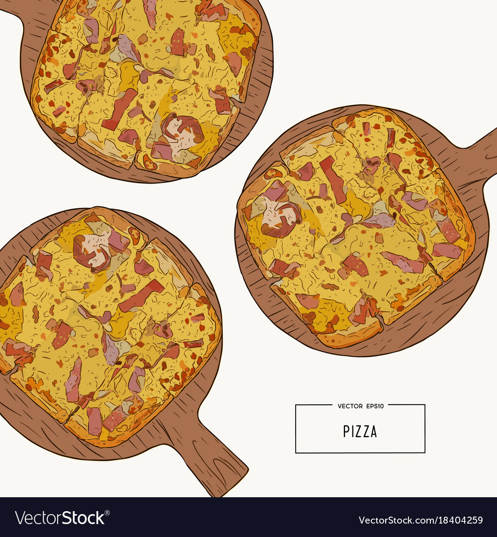 Pizza on the wooden board hand draw sketch Vector Image