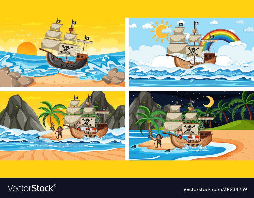 Set different beach scenes with pirate ship