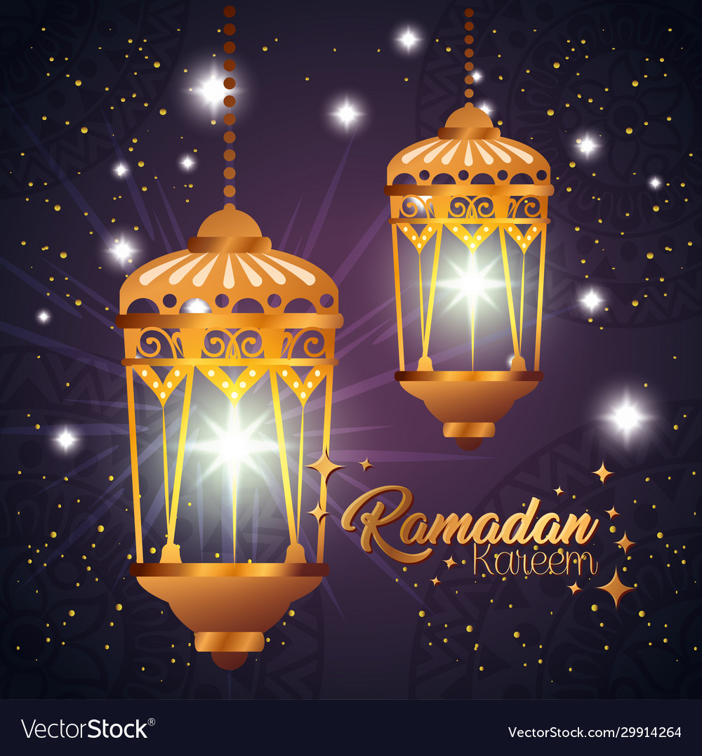 Ramadan kareem poster with lanterns hanging Vector Image