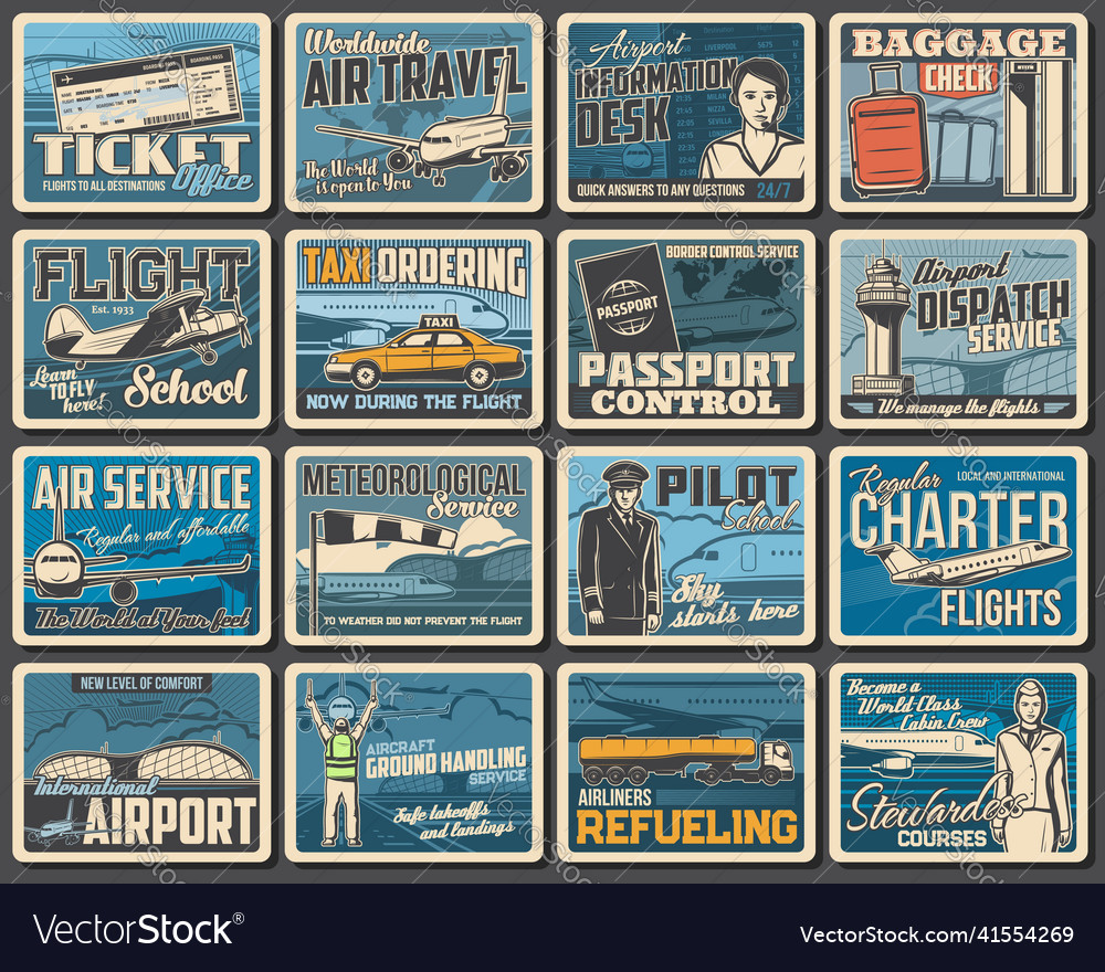 Aviation services retro posters airplane flights Vector Image