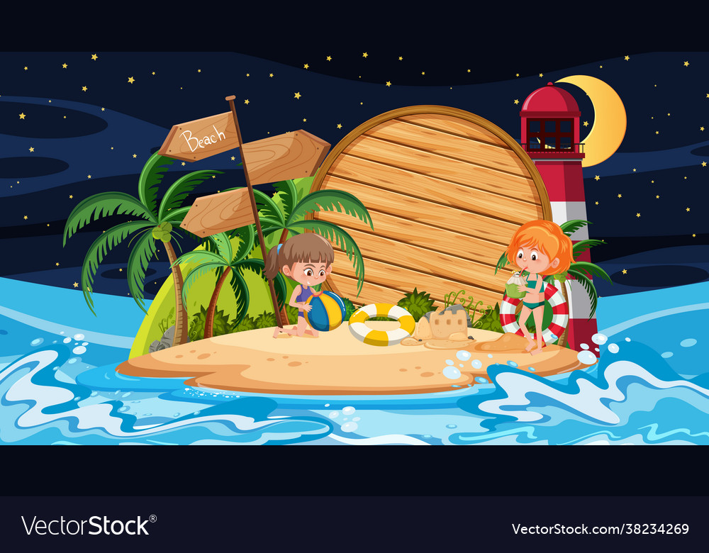 Kids on vacation at beach night scene