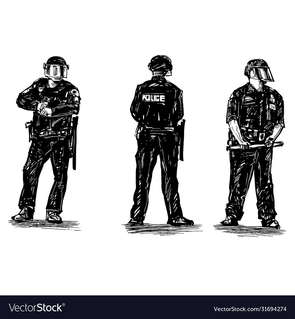 Drawing 3 policemen are standing Royalty Free Vector Image