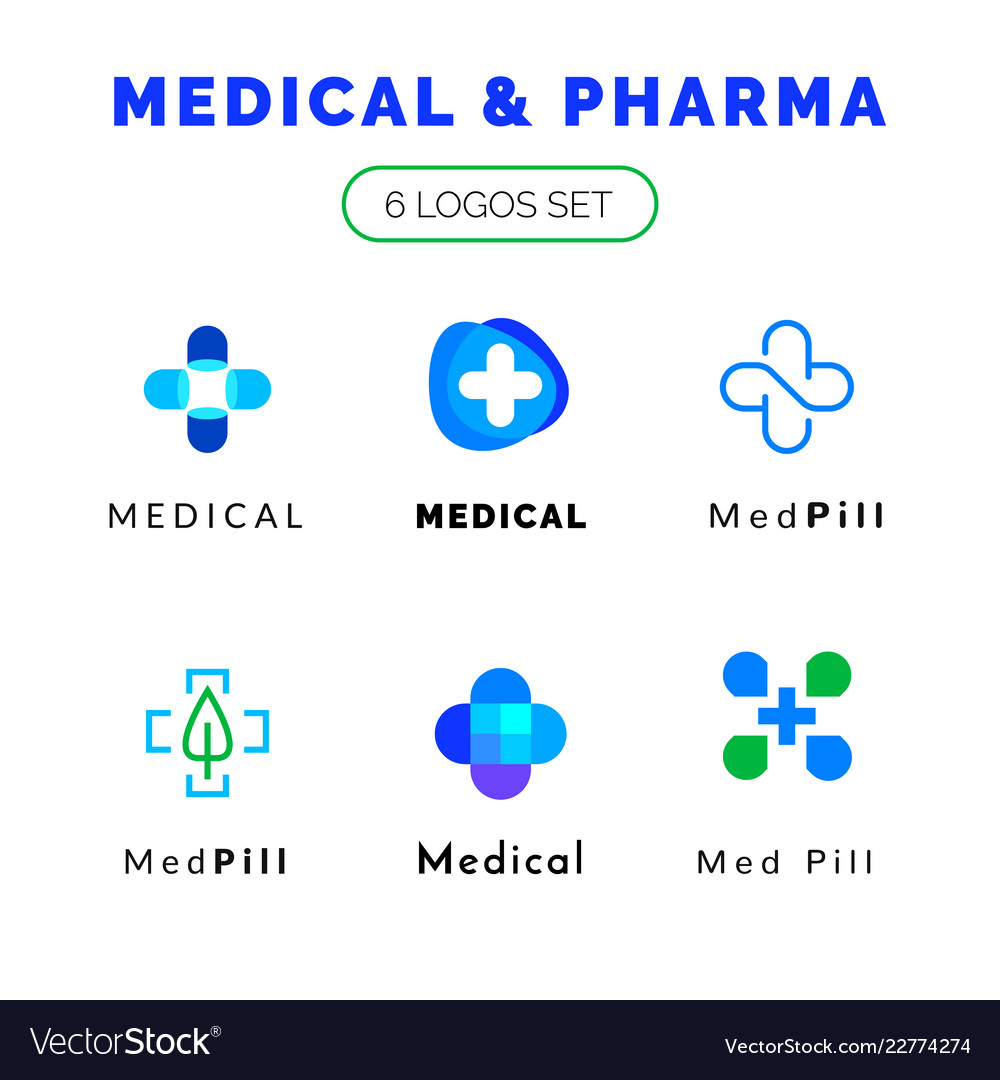 Flat line medicine icons blue and green emblem vector image Flat line medicine icons blue and green emblem