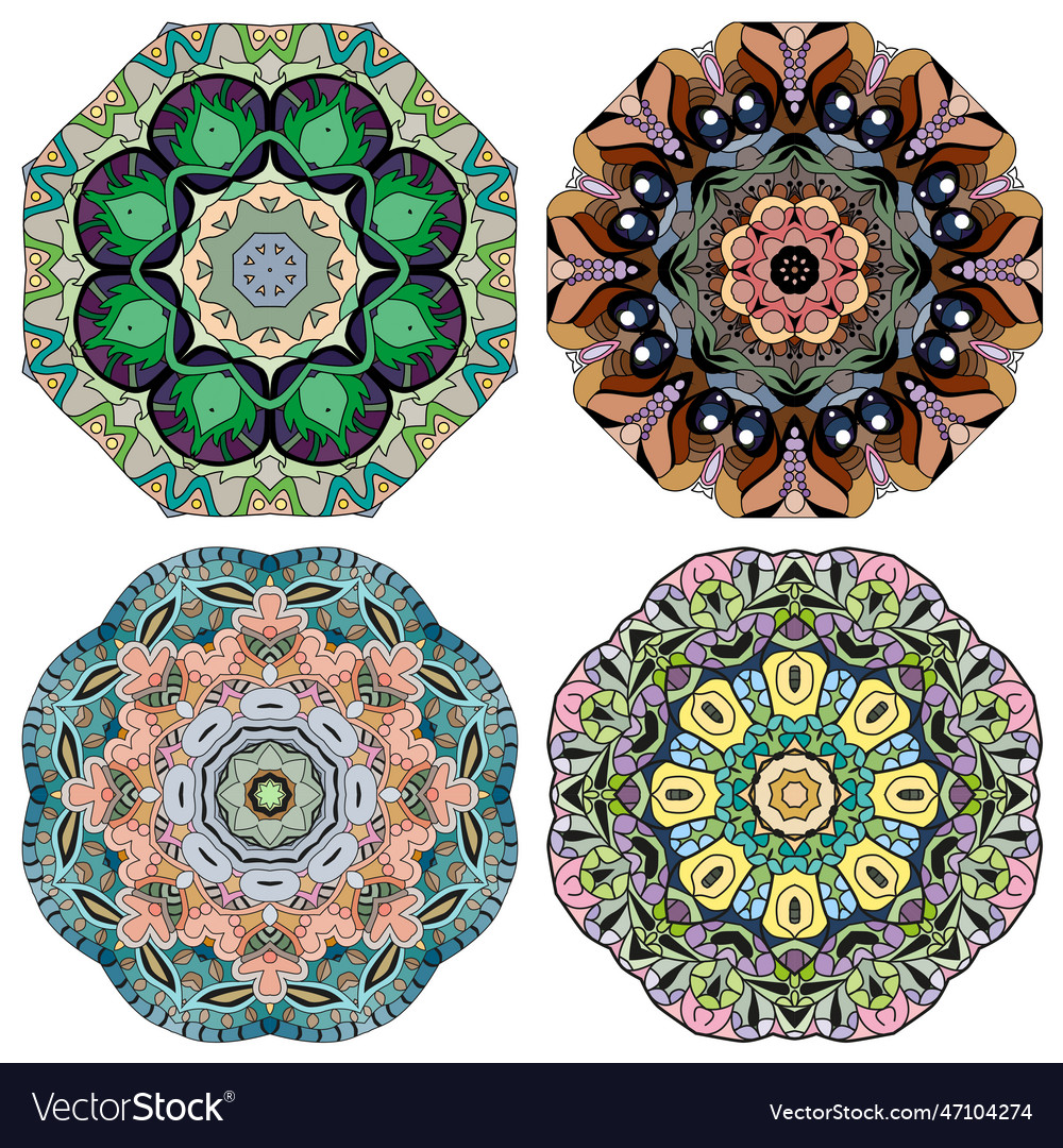 Hand drawn entangle set of 4 color mandalas