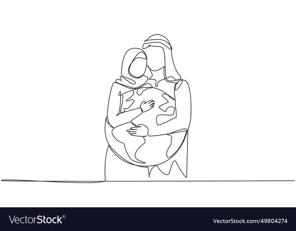 Single one line drawing arab man and woman