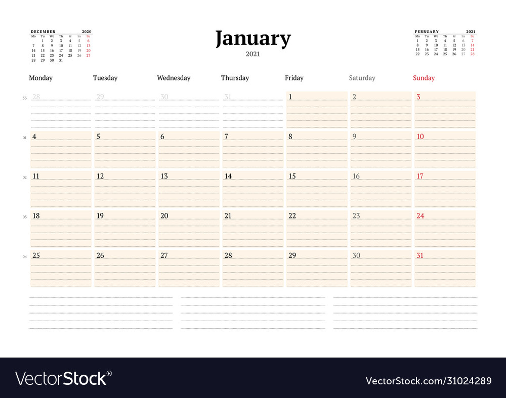 Calendar template for january 2021 business Vector Image