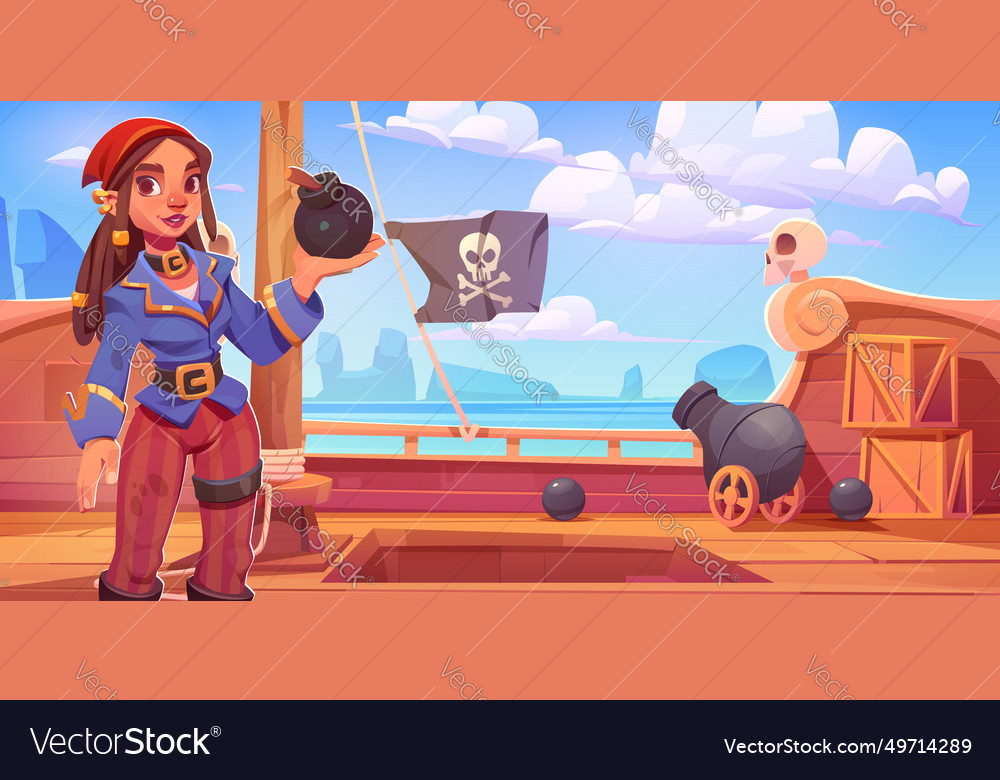 Female Pirate Character With Bomb On Ship Vector Image